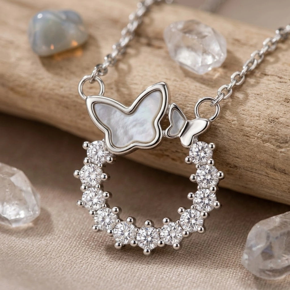 Silver Butterfly Round CZ 925 Sterling Silver Pendant Chain for Women