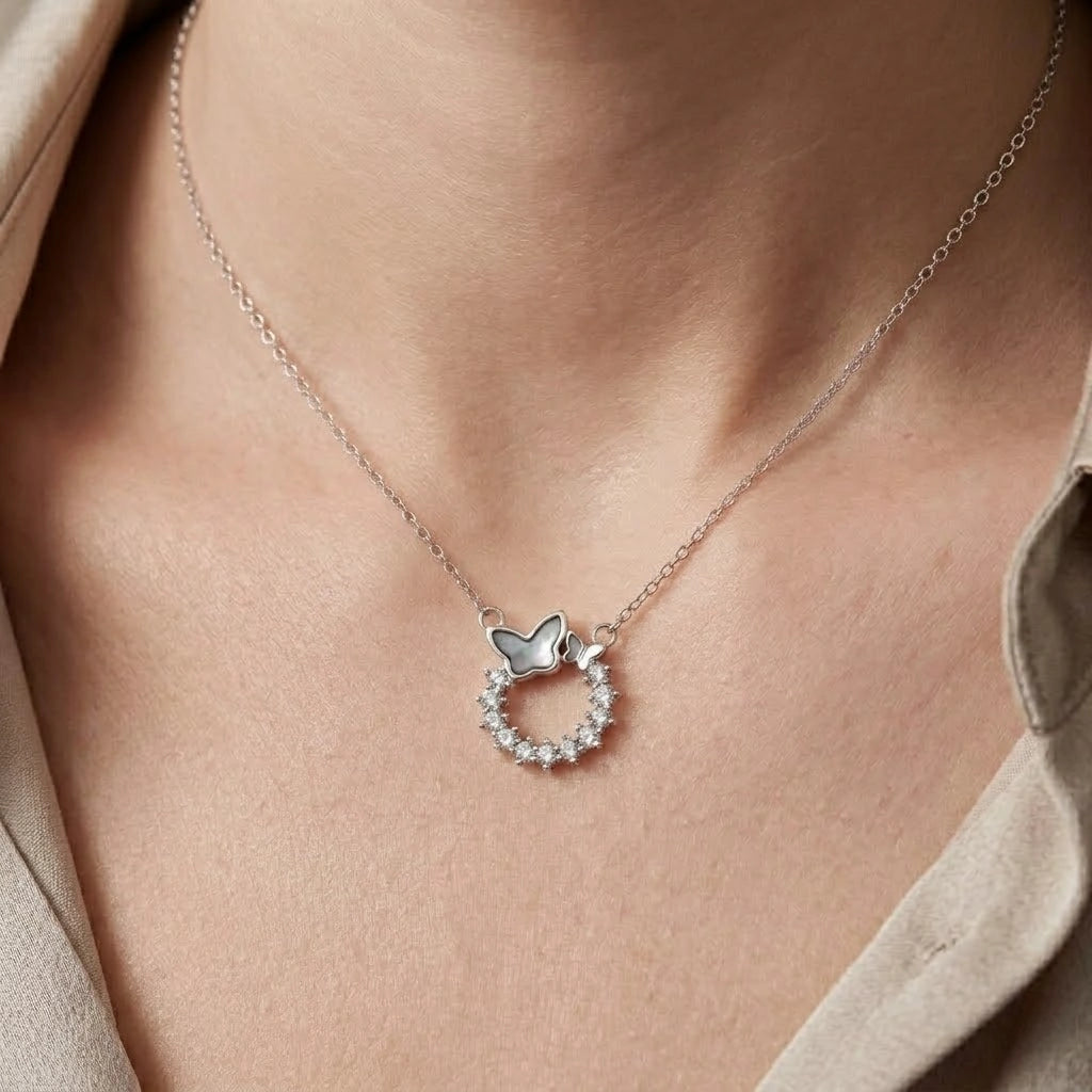 Silver Butterfly Round CZ 925 Sterling Silver Pendant Chain for Women