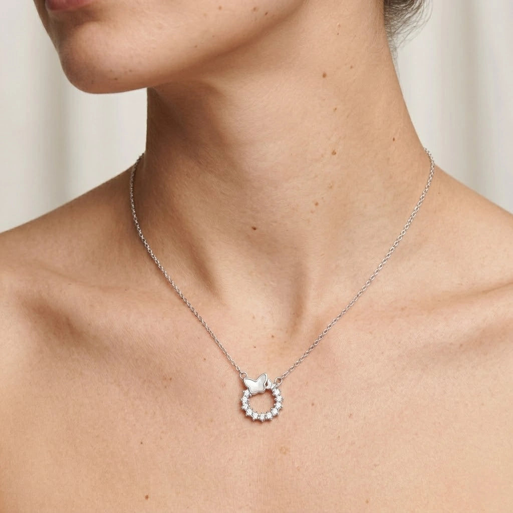 Silver Butterfly Round CZ 925 Sterling Silver Pendant Chain for Women