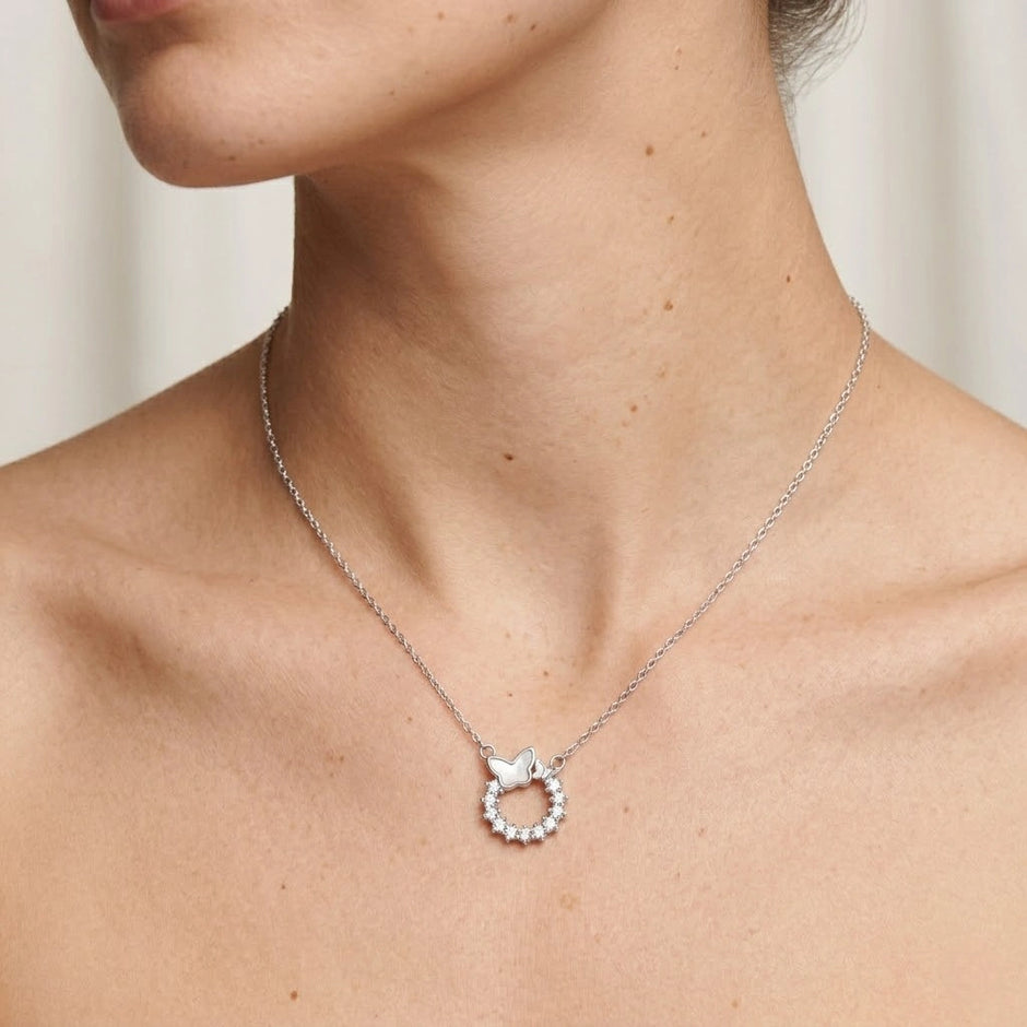 Silver Butterfly Round CZ 925 Sterling Silver Pendant Chain for Women
