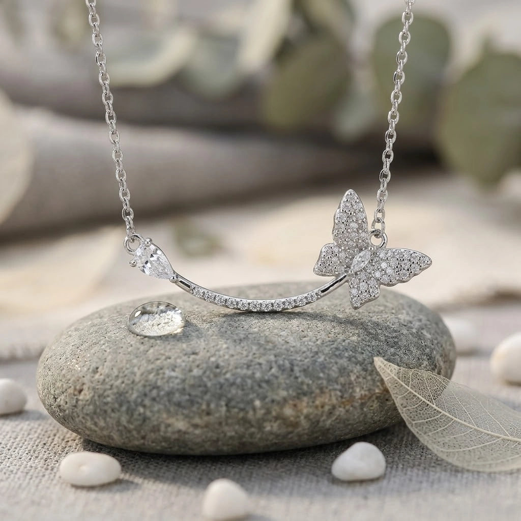 Silver Butterfly Sparkle 925 Sterling Silver Pendant Chain for Women