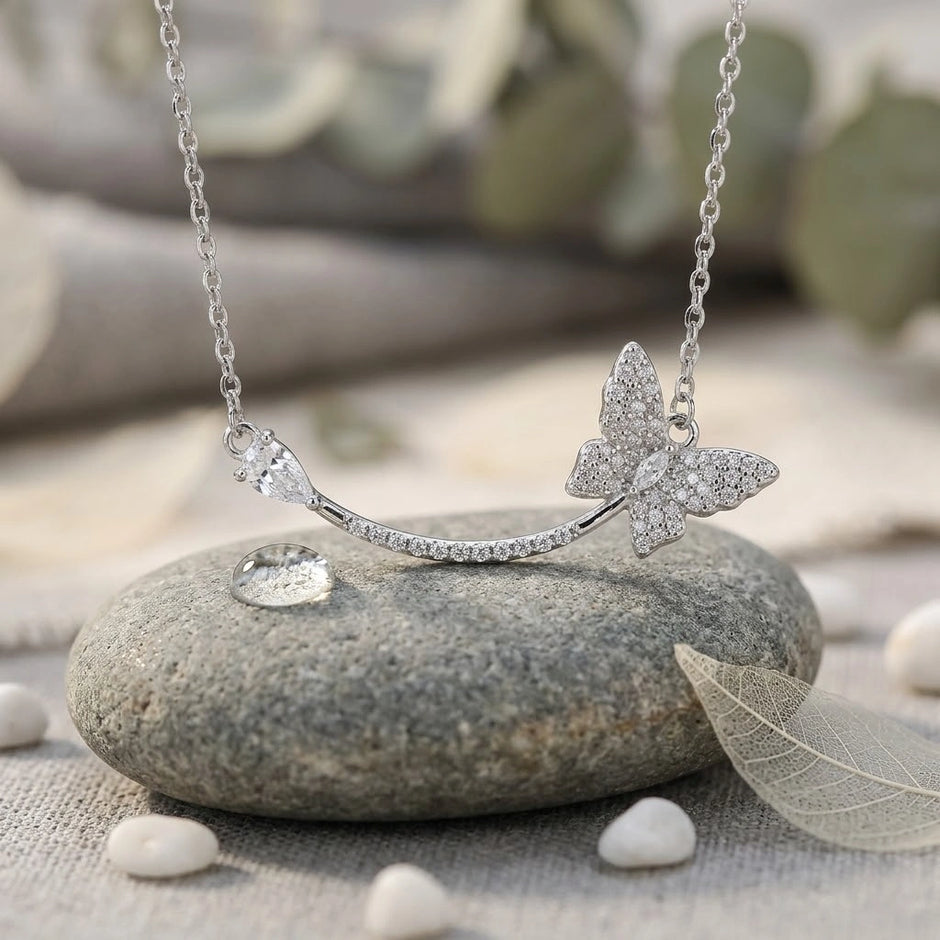 Silver Butterfly Sparkle 925 Sterling Silver Pendant Chain for Women