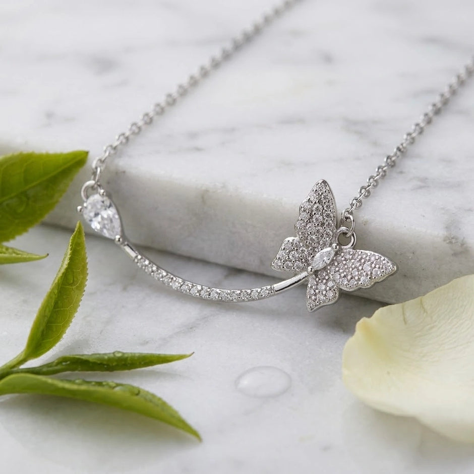 Silver Butterfly Sparkle 925 Sterling Silver Pendant Chain for Women