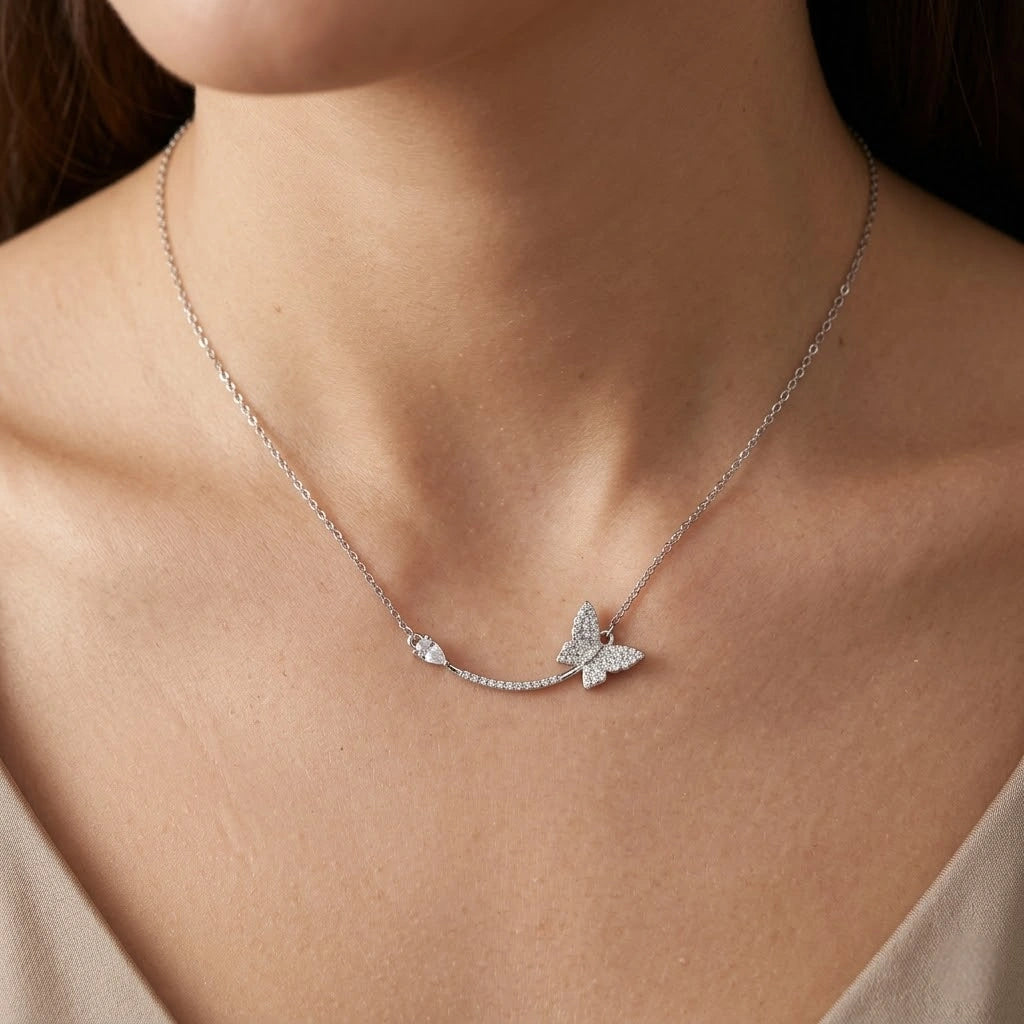 Silver Butterfly Sparkle 925 Sterling Silver Pendant Chain for Women