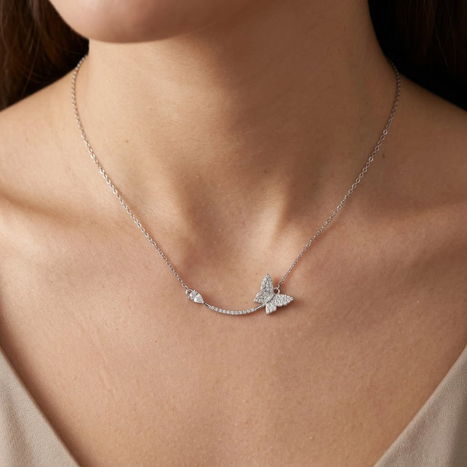 Silver Butterfly Sparkle 925 Sterling Silver Pendant Chain for Women