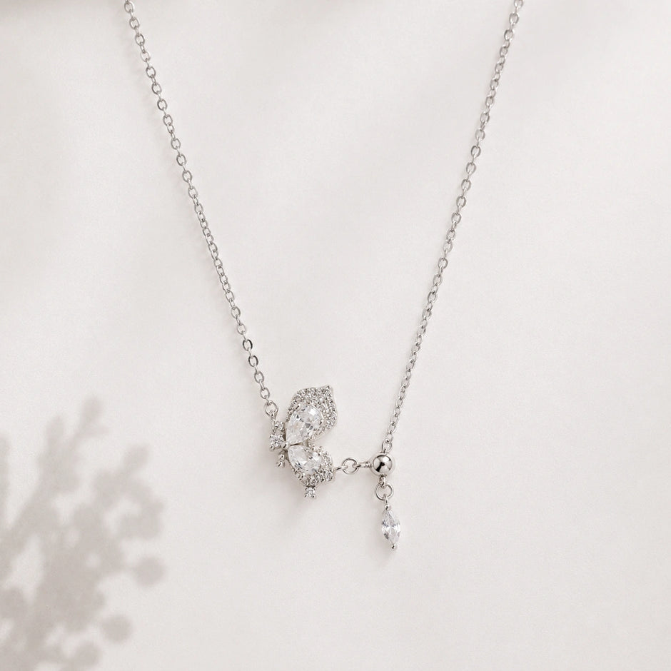 Silver Butterfly & Baguette Pendant 925 Sterling Silver Chain for Women