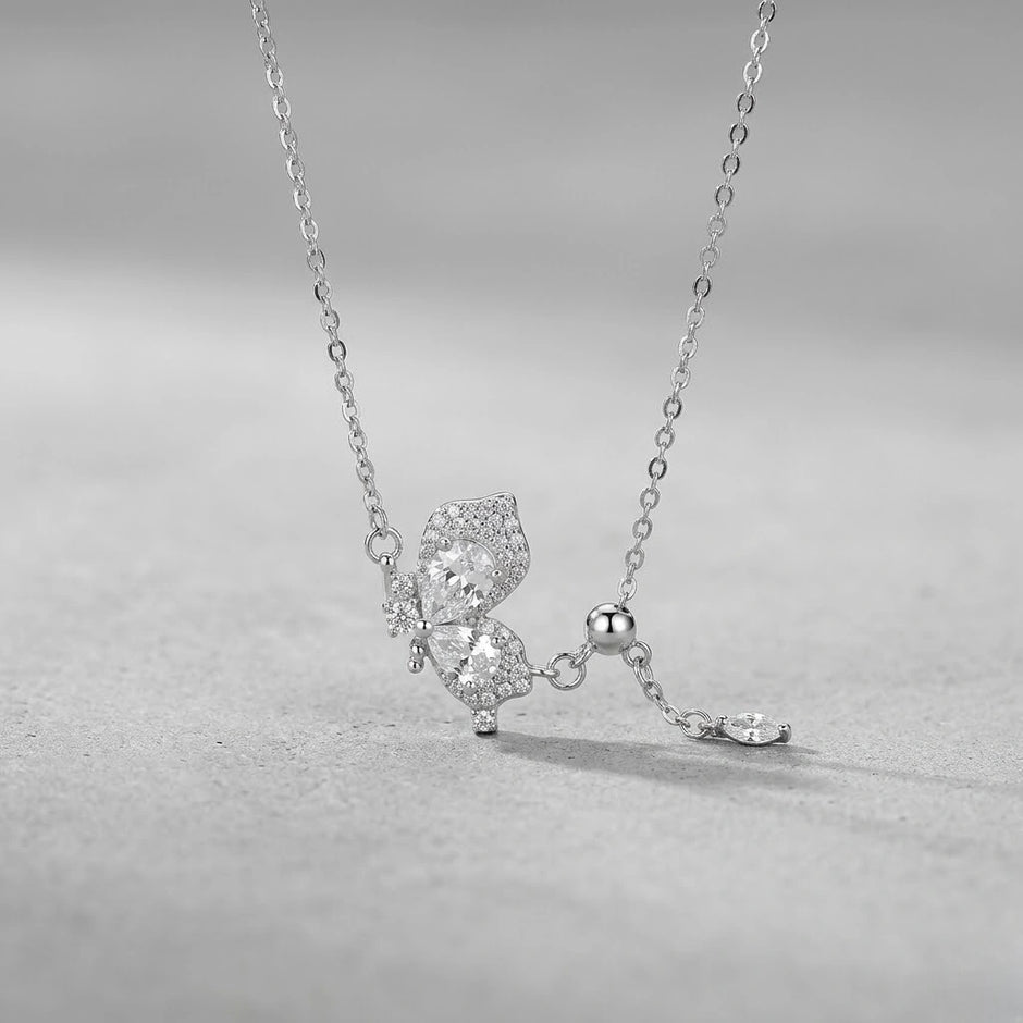 Silver Butterfly & Baguette Pendant 925 Sterling Silver Chain for Women