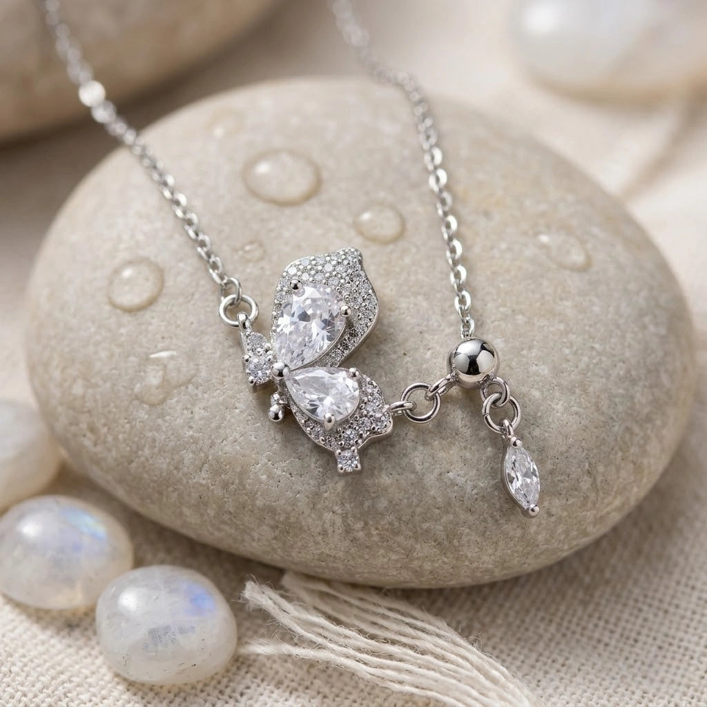 Silver Butterfly & Baguette Pendant 925 Sterling Silver Chain for Women