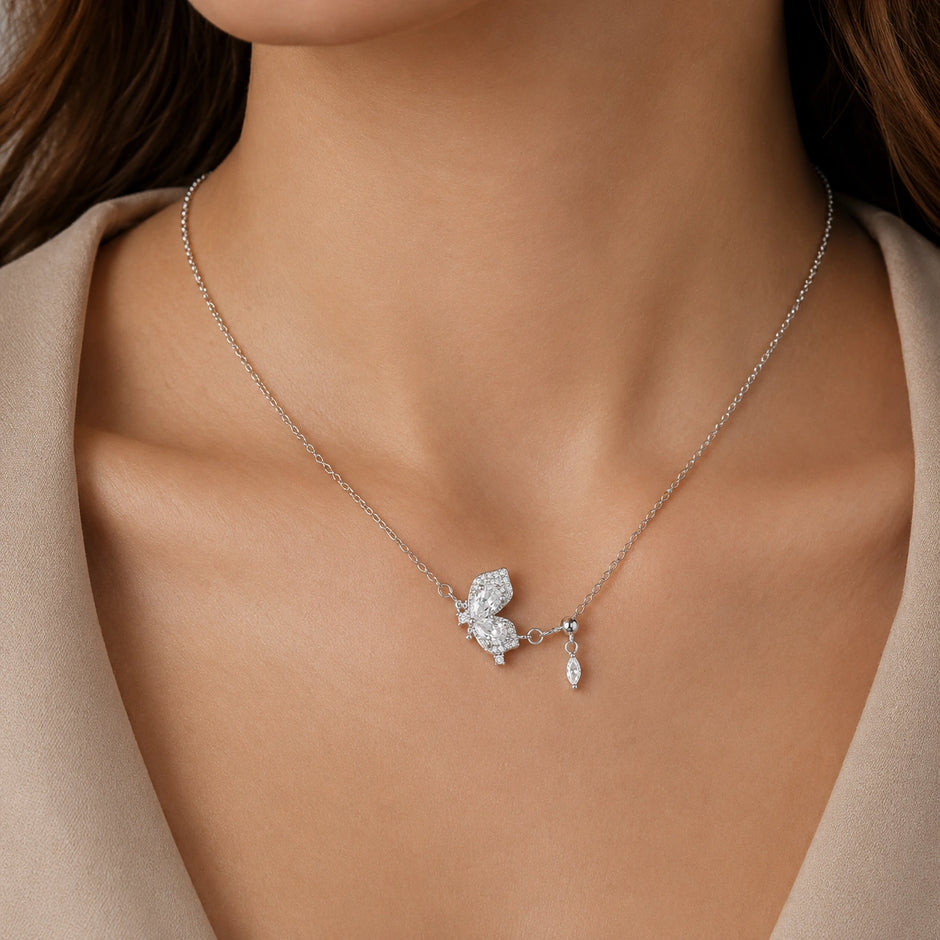 Silver Butterfly & Baguette Pendant 925 Sterling Silver Chain for Women