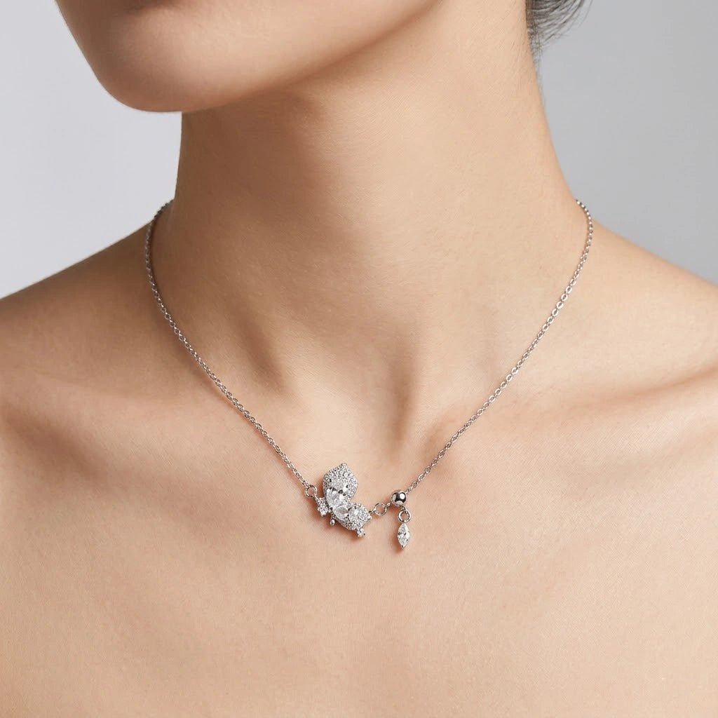 Silver Butterfly & Baguette Pendant 925 Sterling Silver Chain for Women