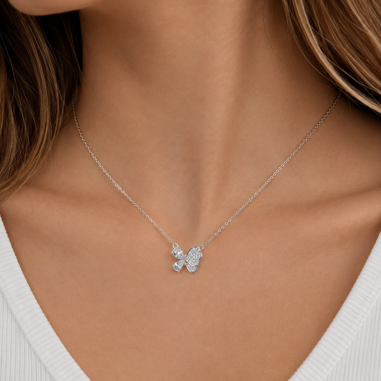 Silver Butterfly & Teardrop Pendant 925 Sterling Silver Chain for Women