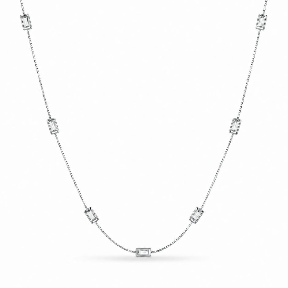 Silver Clear Rectangle Charm 925 Sterling Silver Chain for Women