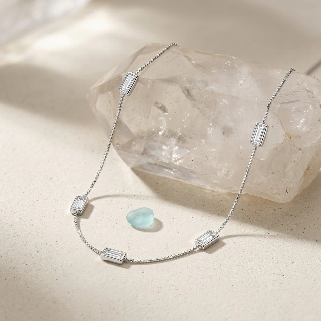 Silver Clear Rectangle Charm 925 Sterling Silver Chain for Women