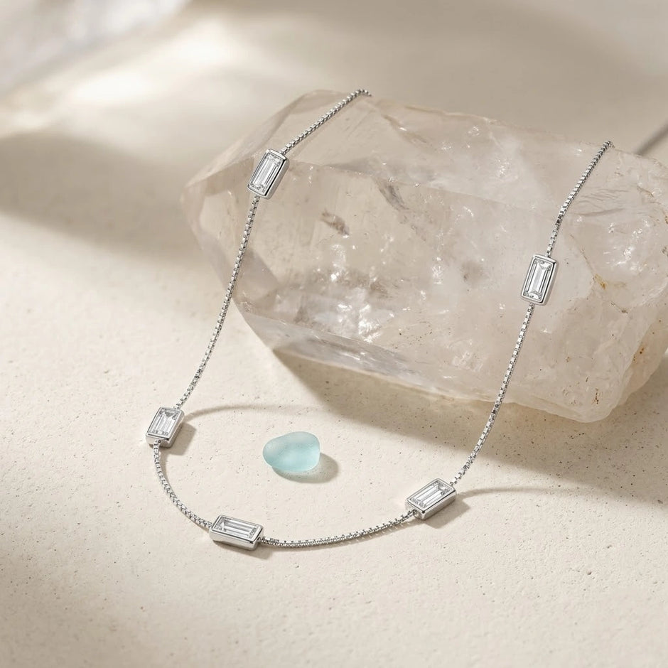 Silver Clear Rectangle Charm 925 Sterling Silver Chain for Women