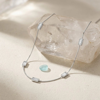 Silver Clear Rectangle Charm 925 Sterling Silver Chain for Women