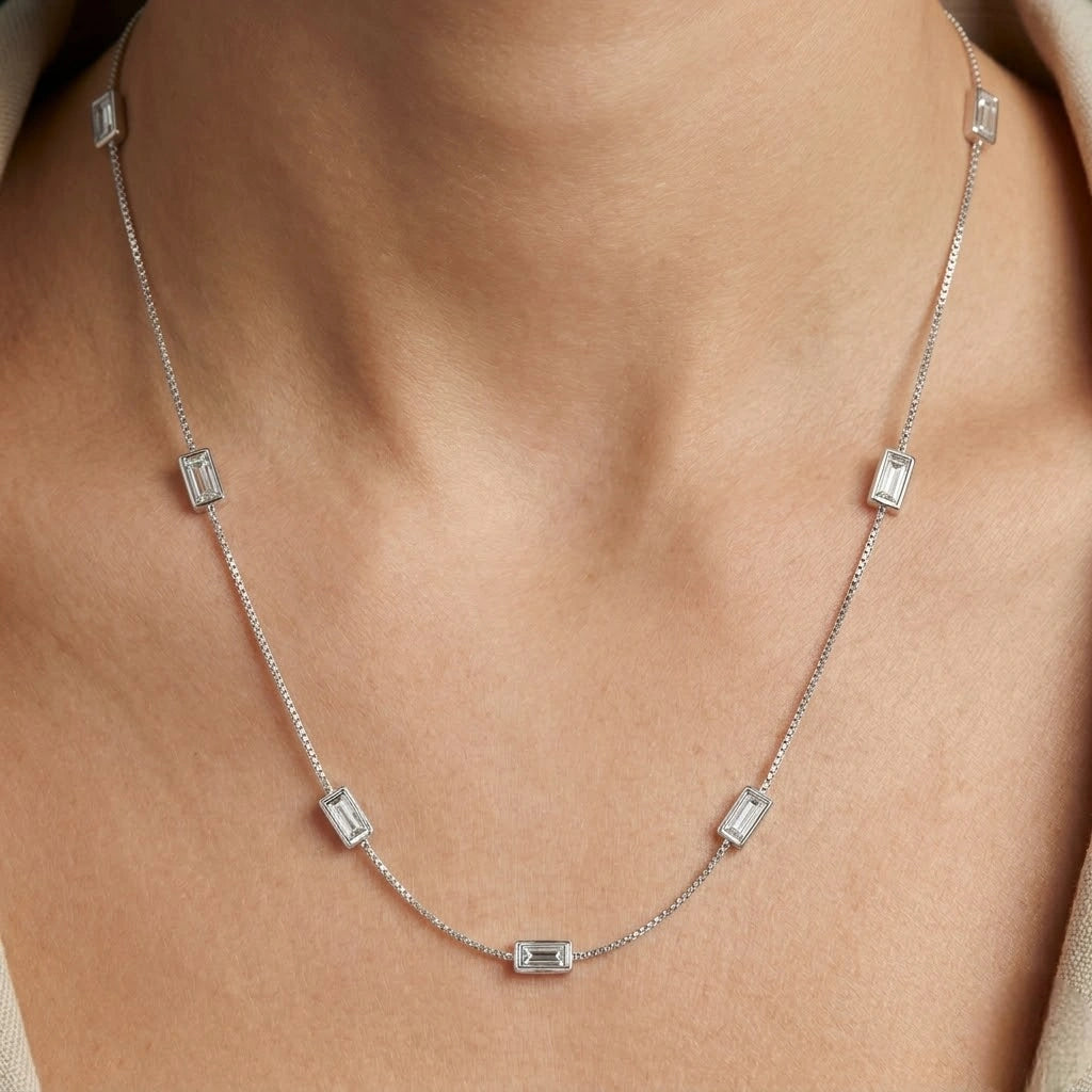 Silver Clear Rectangle Charm 925 Sterling Silver Chain for Women