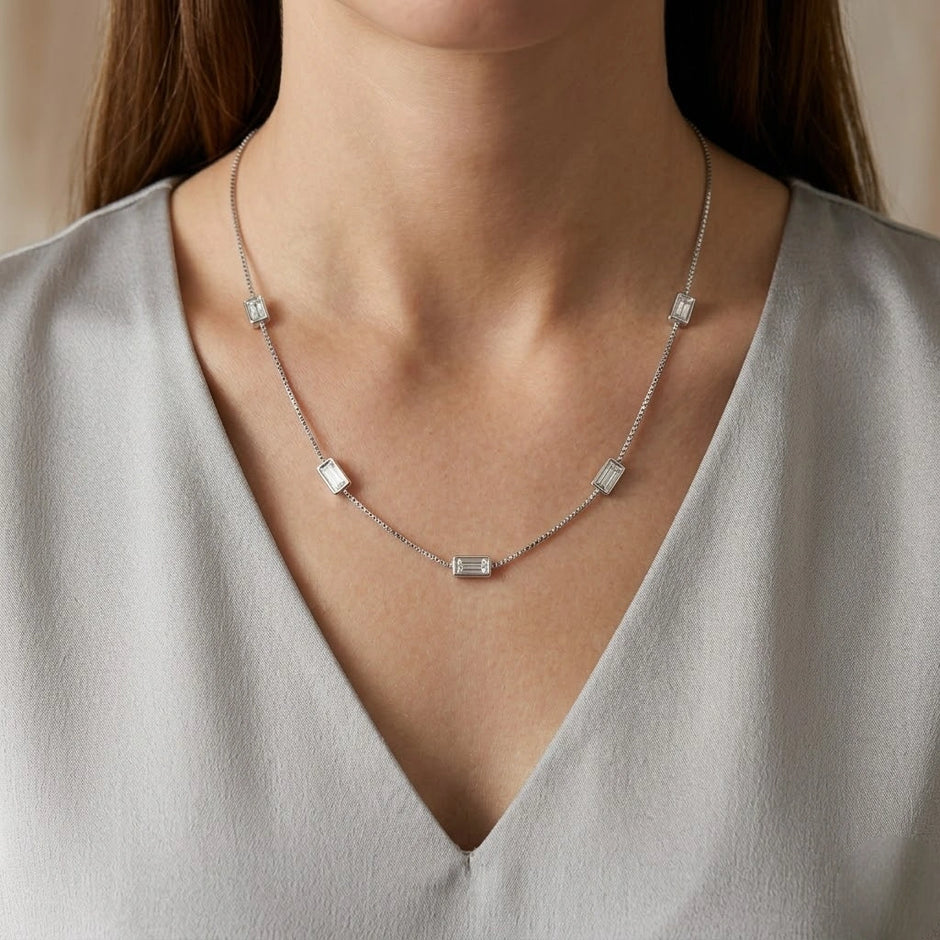 Silver Clear Rectangle Charm 925 Sterling Silver Chain for Women