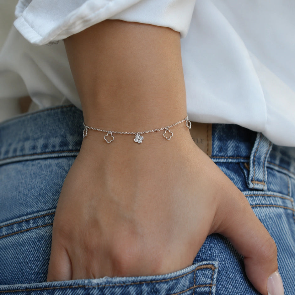Silver 925 sterling silver clover charm bracelet for women