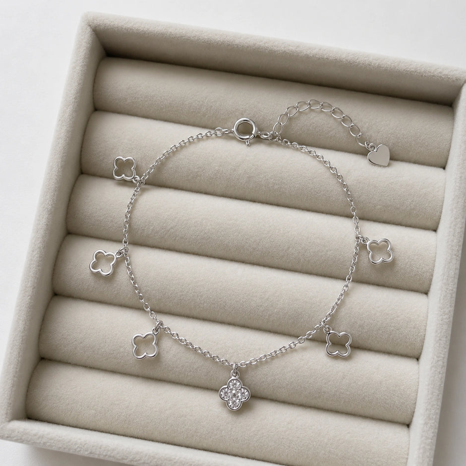 Silver 925 sterling silver clover charm bracelet for women