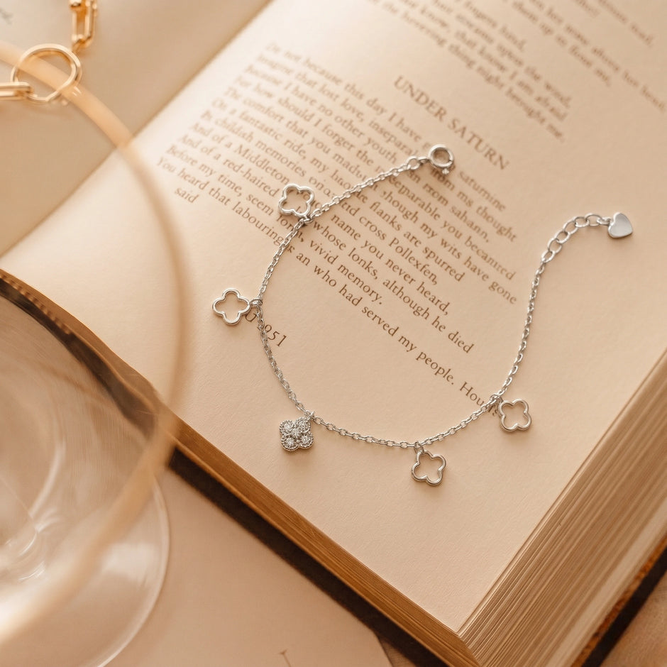 Silver 925 sterling silver clover charm bracelet for women