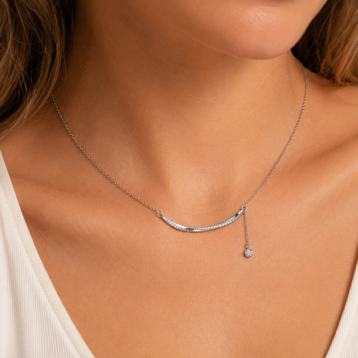 Silver Curved Bar 925 Sterling Silver Pendant Chain for Women