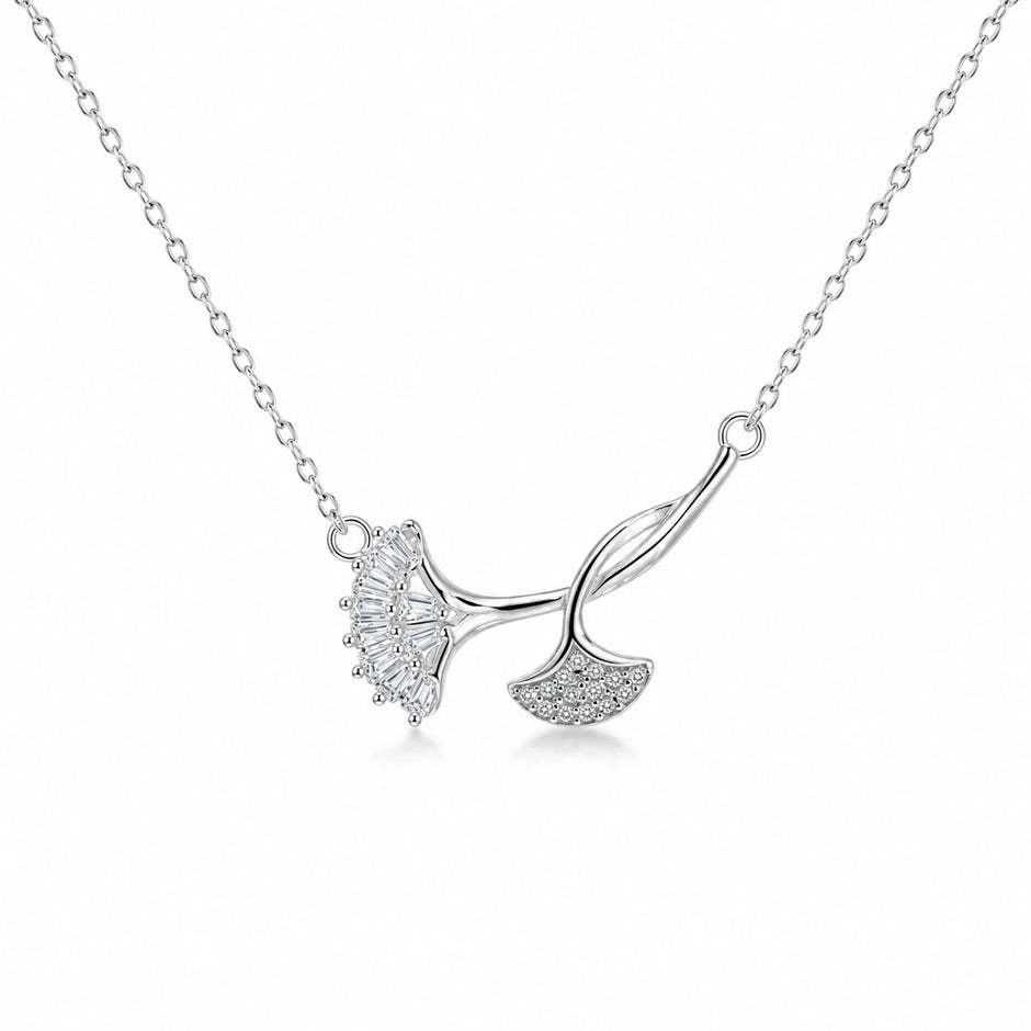 Silver Double Leaf White Stone Pendant Chain for Women
