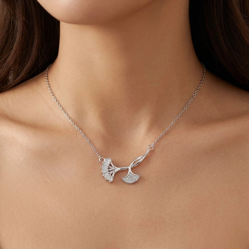 Silver Double Leaf White Stone Pendant Chain for Women