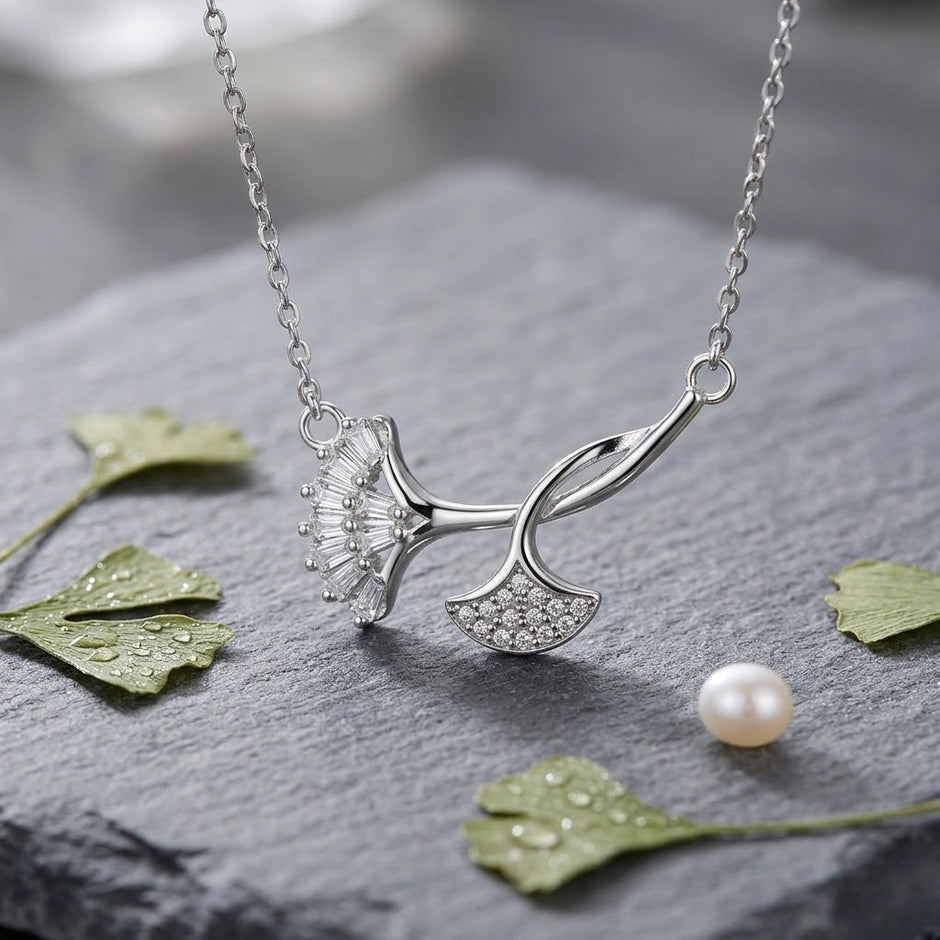 Silver Double Leaf White Stone Pendant Chain for Women