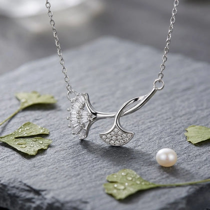 Silver Double Leaf White Stone Pendant Chain for Women