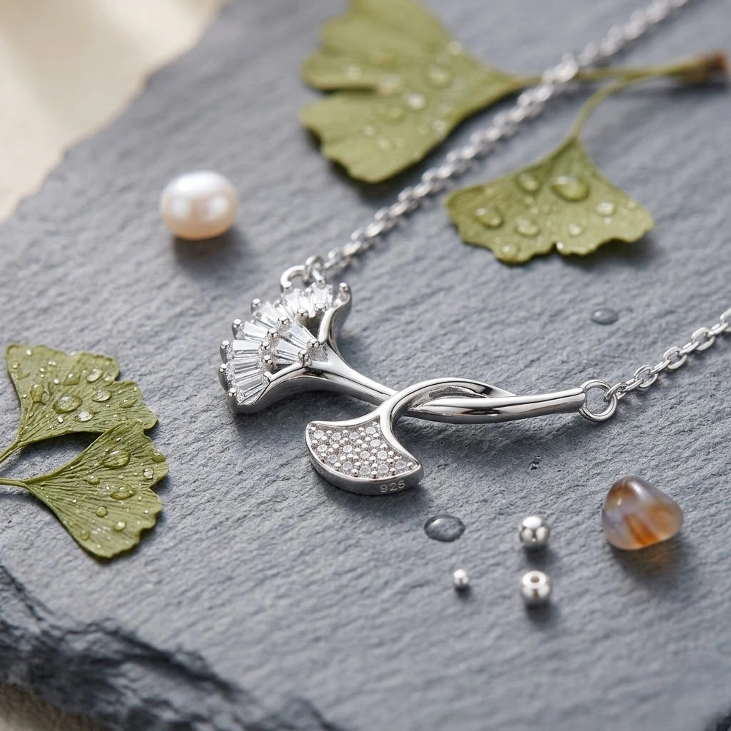 Silver Double Leaf White Stone Pendant Chain for Women