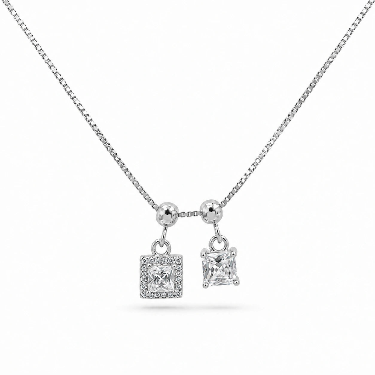 Silver Double Square White Stone Pendant Chain for Women