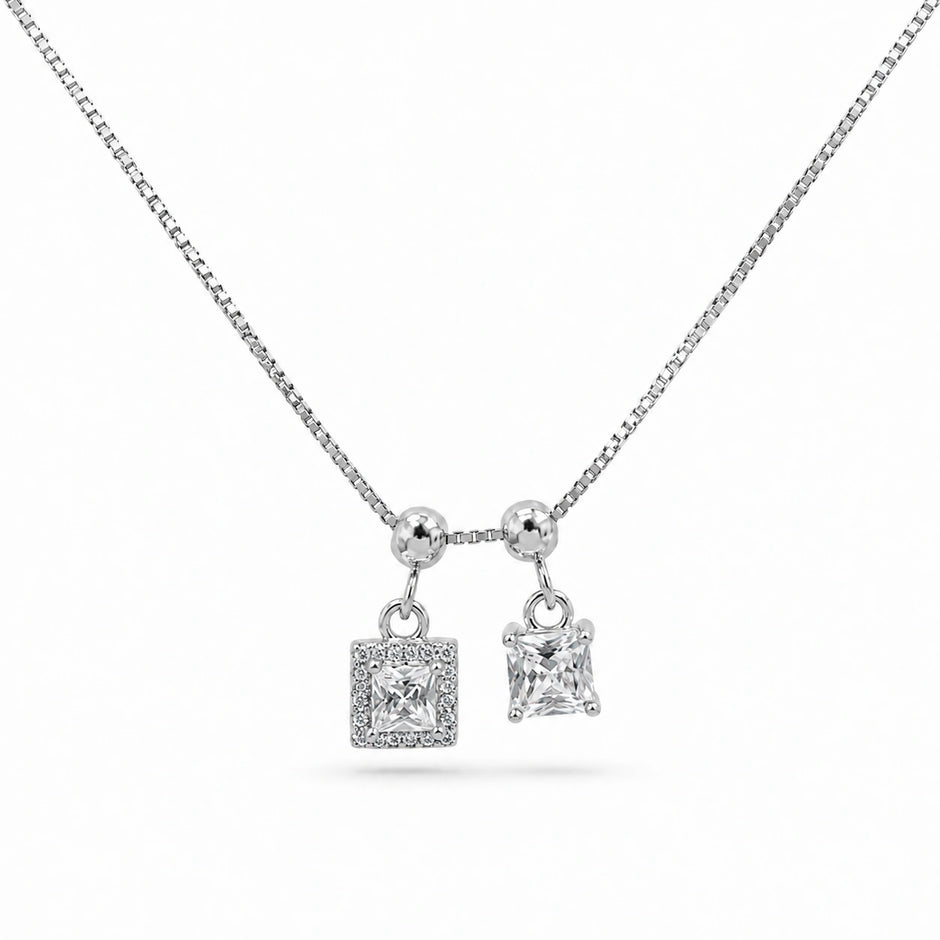 Silver Double Square White Stone Pendant Chain for Women
