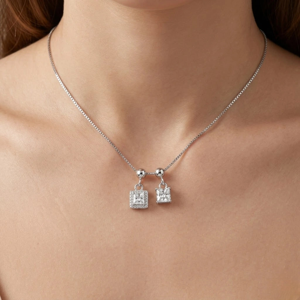 Silver Double Square White Stone Pendant Chain for Women