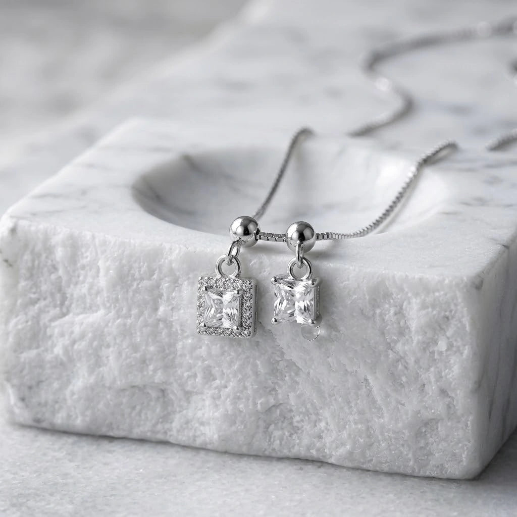 Silver Double Square White Stone Pendant Chain for Women