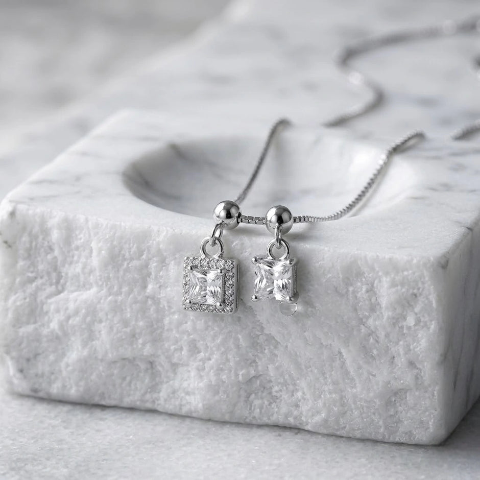 Silver Double Square White Stone Pendant Chain for Women
