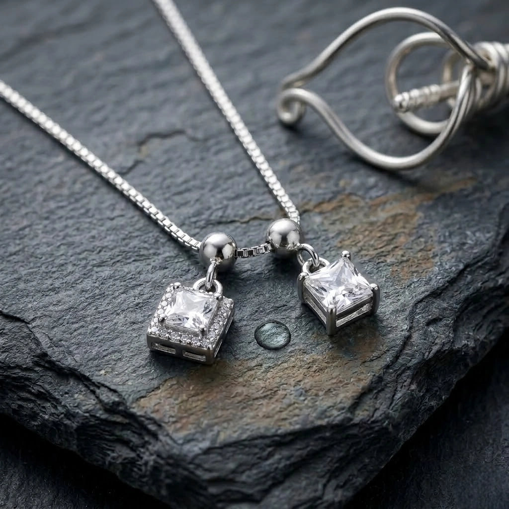 Silver Double Square White Stone Pendant Chain for Women