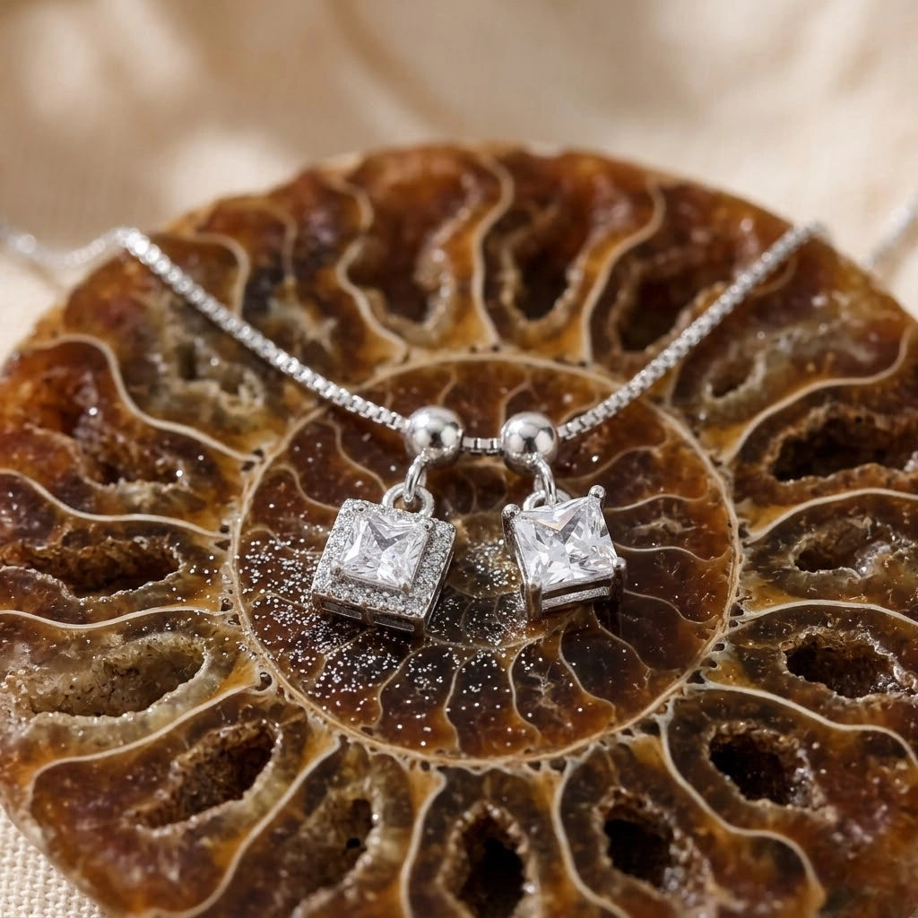 Silver Double Square White Stone Pendant Chain for Women