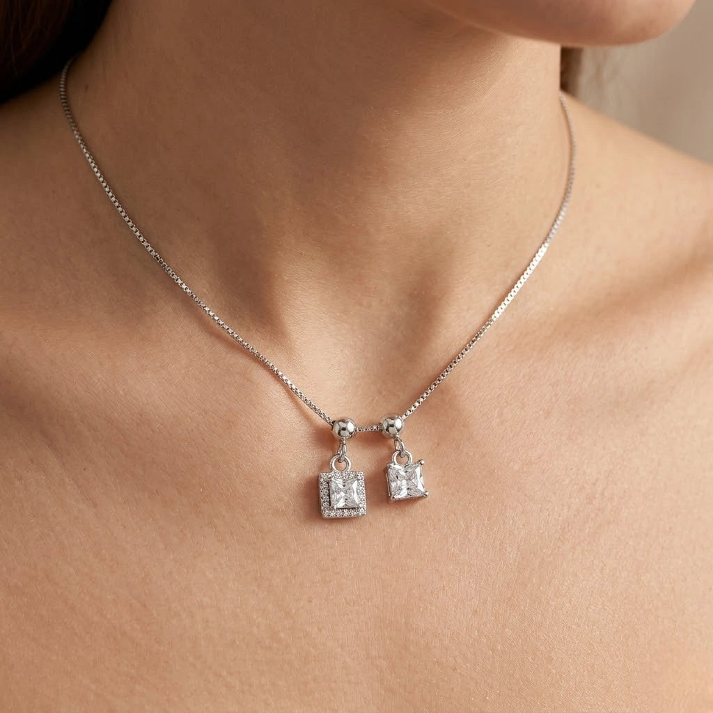 Silver Double Square White Stone Pendant Chain for Women