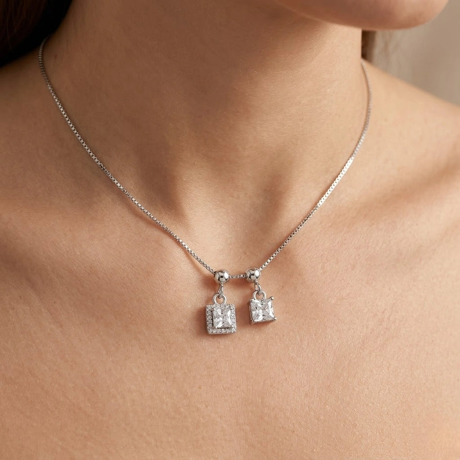 Silver Double Square White Stone Pendant Chain for Women
