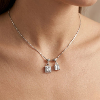 Silver Double Square White Stone Pendant Chain for Women