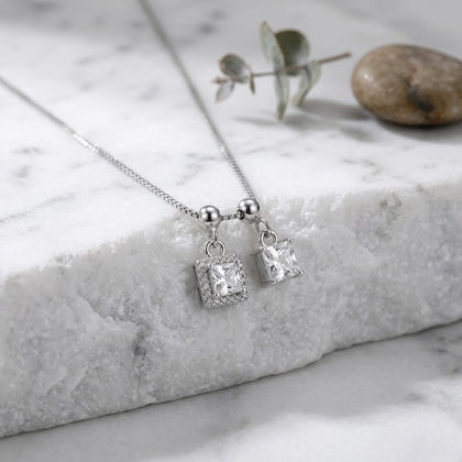 Silver Double Square White Stone Pendant Chain for Women