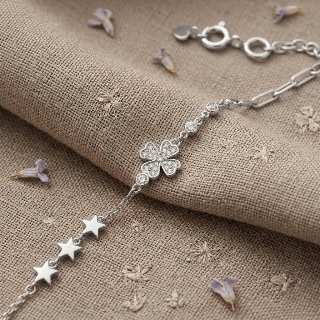 Silver 925 sterling silver floral star bracelet for women