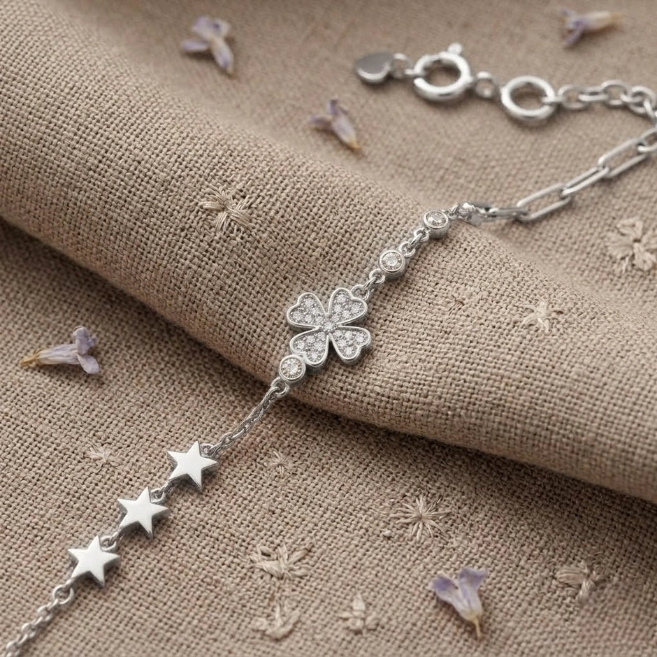 Silver 925 sterling silver floral star bracelet for women