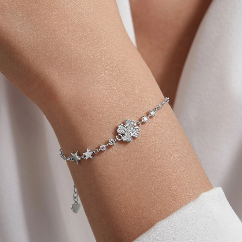 Silver 925 sterling silver floral star bracelet for women