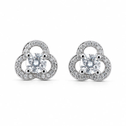 925 Sterling Silver Three-Petal Flower Stud Earrings with Round Cubic Zirconia and Pavé Detail