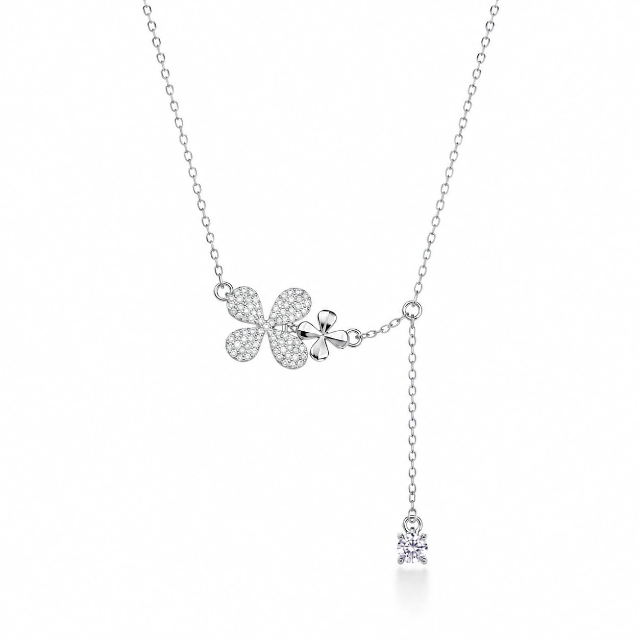Silver Flower & Square Charm 925 Sterling Silver Pendant Chain for Women