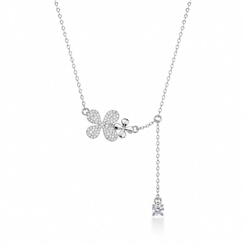 Silver Flower & Square Charm 925 Sterling Silver Pendant Chain for Women