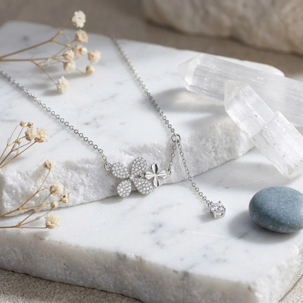 Silver Flower & Square Charm 925 Sterling Silver Pendant Chain for Women