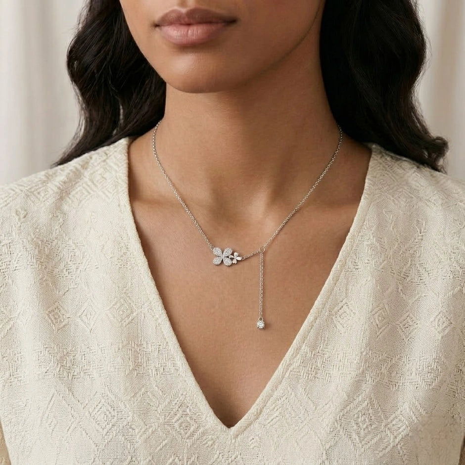 Silver Flower & Square Charm 925 Sterling Silver Pendant Chain for Women