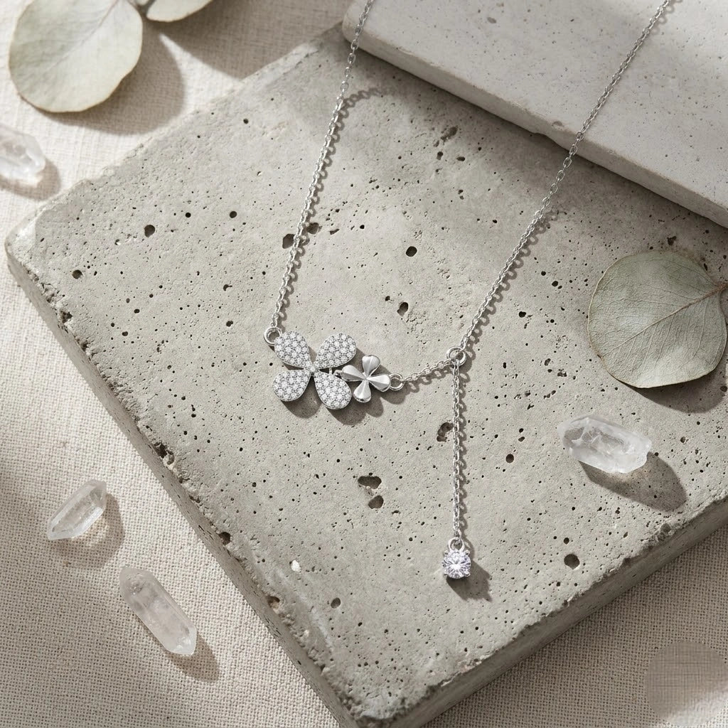 Silver Flower & Square Charm 925 Sterling Silver Pendant Chain for Women